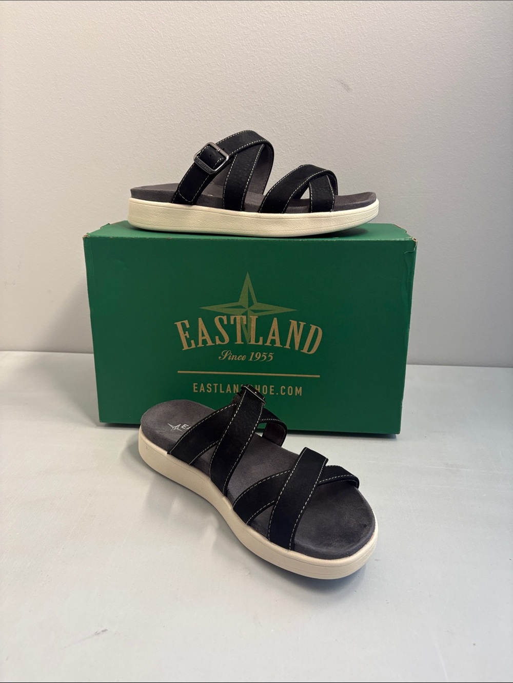 Eastland Black Multi-Strap Slide Sandals with Cream Platform